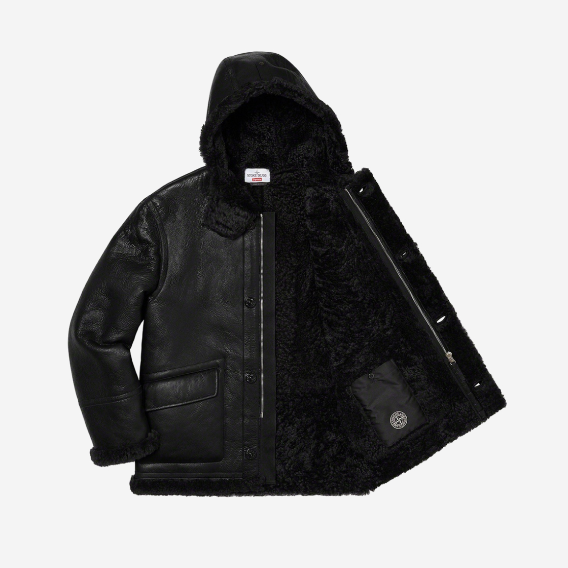 Supreme x Stone Island Hand-Painted Hooded Shearling Jacket Black